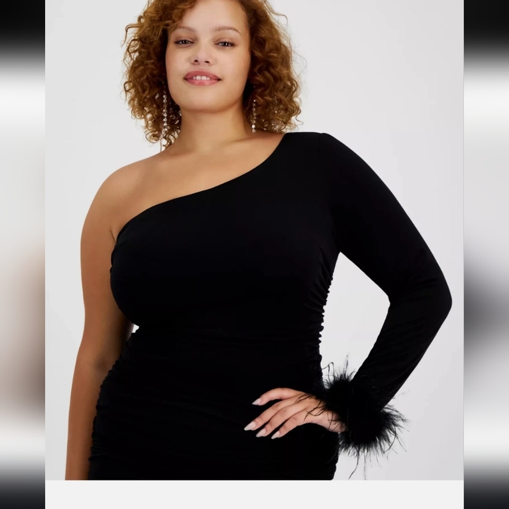 City Studios Women One-Shoulder Feather-Cuff Dress XL Black Cocktail Party NWT